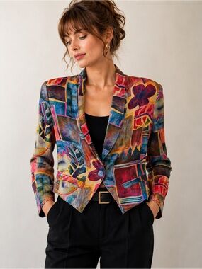 Vintage 90s Granite Abstract Watercolor Rayon Cropped Jacket Blazer Small